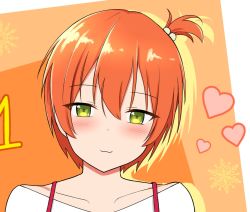 Rule 34 | 1girl, alternate hairstyle, artist name, artist request, blush, breasts, brown hair, camisole, collarbone, female focus, green eyes, hair between eyes, hair bobbles, hair ornament, heart, highres, hoshizora rin, looking at viewer, love live!, love live! school idol festival, love live! school idol project, orange hair, orange skirt, parted lips, puffy short sleeves, puffy sleeves, shiragii, shirt, short hair, short sleeves, side ponytail, skirt, sleeves past elbows, smile, solo, upper body, white shirt, yellow eyes