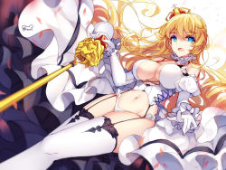 Rule 34 | 1girl, bare shoulders, bison cangshu, blonde hair, blue eyes, breasts, cane, crown, elbow gloves, garter straps, gloves, large breasts, lion, lion (warship girls r), long hair, looking at viewer, midriff, mini crown, navel, revision, scepter, smile, solo, stomach, thighhighs, thighs, warship girls r, white gloves, white thighhighs
