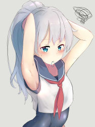 Rule 34 | 10s, 1girl, adjusting hair, alternate hairstyle, armpits, arms up, blue eyes, color1087, commentary request, grey background, hair tie, hibiki (kancolle), highres, kantai collection, long hair, looking away, mouth hold, necktie, ponytail, red necktie, rubber band, school swimsuit, school uniform, serafuku, silver hair, simple background, solo, swimsuit, swimsuit under clothes