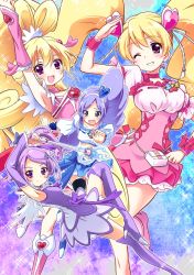 Rule 34 | 00s, 4girls, :d, aida mana, aono miki, arm up, armpits, berry sword, blonde hair, blue skirt, blush, boots, bow, brooch, closed eyes, color connection, cure berry, cure heart, cure peach, cure sword, dokidoki! precure, fresh precure!, grin, hair ornament, half updo, hand on own hip, heart, heart brooch, heart hair ornament, kenzaki makoto, knee boots, magical girl, midriff, momozono love, multiple girls, navel, one eye closed, open mouth, pink bow, precure, purple footwear, purple hair, purple skirt, salute, side ponytail, skirt, smile, spade hair ornament, sparkle, teio (teiotei), twintails, wink