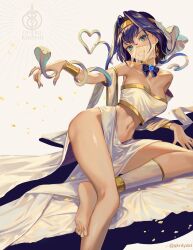 Rule 34 | 1girl, absurdres, barefoot, blue eyes, bow, bowtie, breasts, cobra (animal), cosplay, earrings, feet, foot out of frame, gold headband, grin, highres, hololive, hololive english, jewelry, legs, looking at viewer, lying, medium breasts, medusa (mythology), medusa (mythology) (cosplay), midriff, nail polish, navel, on side, ouro kronii, purple hair, purple nails, santafe99, short hair, smile, snake, soles, solo, toes, twitter username, veil, virtual youtuber