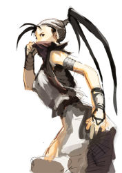 Rule 34 | 1girl, antenna hair, armlet, bare shoulders, capcom, cowboy shot, from side, half mask, head wings, hip vent, ibuki (street fighter), kamdia, looking at viewer, mask, ninja, profile, simple background, solo, standing, street fighter, street fighter iii (series), vest, white background, wings