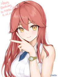 Rule 34 | 1girl, bare shoulders, blush, bracelet, breasts, chaesu, closed mouth, commentary, hair between eyes, hand up, highres, jewelry, large breasts, light smile, liliya (kaetzchen), long hair, looking at viewer, necktie, original, shirt, signature, simple background, sleeveless, solo, symbol-only commentary, upper body, v, watch, white background, white shirt, wristwatch, yellow eyes