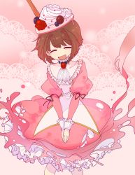 Rule 34 | 1girl, ^ ^, absurdres, blue collar, brown hair, ciconia no naku koro ni, closed eyes, collar, doily, dress, closed eyes, food, food on head, frilled dress, frilled sleeves, frills, fruit, highres, juliet sleeves, long sleeves, meow (ciconia), object on head, open mouth, pink dress, pink theme, prgdmk, puffy sleeves, red ribbon, ribbon, short hair, smile, solo, whipped cream