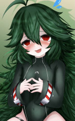 Rule 34 | 1girl, antenna hair, azur lane, bare legs, blush, bodysuit, braid, breasts, dark green hair, dated, diving suit, goggles, goggles on head, gradient background, highleg, highleg swimsuit, long hair, looking at viewer, red eyes, ringed eyes, shiny skin, simple background, smile, solo, swimsuit, thighs, torricelli (azur lane), very long hair, ville87804, wetsuit, wide hips