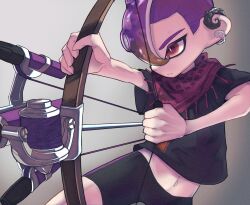 Rule 34 | 1boy, bike shorts, black shirt, bow (weapon), bright pupils, closed mouth, commentary request, earrings, gradient background, grey background, highres, holding, holding bow (weapon), holding weapon, jewelry, male focus, midriff, mohawk, nastar r0, navel, neckerchief, nintendo, octoling, octoling boy, octoling player character, purple hair, purple neckerchief, red eyes, shirt, short hair, simple background, slit pupils, solo, splatoon (series), splatoon 3, tentacle hair, tri-stringer (splatoon), weapon