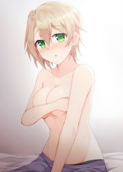 Rule 34 | 1girl, bed sheet, blonde hair, blush, breasts, cleavage, commentary, covering privates, covering breasts, gradient background, green eyes, grey background, highres, kuzukiri (riezenagel), looking at viewer, medium breasts, neige (kuzukiri), on bed, original, parted lips, short hair, sitting, solo, sweat, topless, under covers