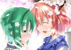 Rule 34 | 2girls, absurdres, blush, cherry blossoms, closed eyes, commentary request, face-to-face, from side, green eyes, green hair, highres, multiple girls, no headwear, onozuka komachi, open mouth, petals, profile, red hair, shiki eiki, short hair, smile, touhou, twitter username, yuri, yuuki eishi
