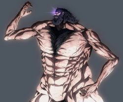Rule 34 | 1boy, abs, absurdres, beard, black hair, character request, check character, chest hair, daisx (dais0115), facial hair, giant, giant male, glowing, glowing eyes, highres, large pectorals, long hair, male focus, monster, official style, pectorals, pointy ears, purple eyes, rogue titan, shingeki no kyojin, solo, titan (shingeki no kyojin)