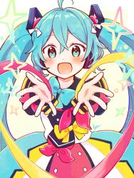 Rule 34 | + +, 1girl, aoiyui, aqua bow, aqua dress, aqua eyes, aqua hair, artist name, black dress, blush, bow, dress, hair between eyes, hair ribbon, happy, hatsune miku, highres, long hair, looking at viewer, magical mirai (vocaloid), magical mirai miku, magical mirai miku (2018), multicolored clothes, multicolored dress, open mouth, outstretched hand, pink bow, pink dress, pov, reaching, reaching towards viewer, ribbon, sidelocks, signature, simple background, smile, solo, sparkle, twintails, vocaloid, white background, white dress, white ribbon, yellow bow, yellow dress