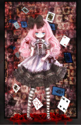 Rule 34 | 1girl, ace (playing card), ace of spades, alice (alice in wonderland), alice in wonderland, black bow, blood, blue eyes, blunt bangs, bow, card, center frills, commentary request, cross-laced clothes, curly hair, flower, frills, full body, gothic lolita, hair bow, heart, highres, himemurasaki, holding, holding wand, joker (playing card), king (playing card), king of diamonds, lolita fashion, long hair, looking at viewer, mary janes, original, pantyhose, pink hair, playing card, pool of blood, puffy short sleeves, puffy sleeves, red bow, red flower, red footwear, red rose, ribbon trim, rose, shoes, short sleeves, solo, spade (shape), standing, striped clothes, striped pantyhose, wand