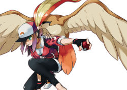Rule 34 | 1girl, backpack, bag, baseball cap, beak, bird, black gloves, black leggings, breasts, brown hair, choker, claws, collarbone, commentary request, creatures (company), cropped jacket, doushimasho, feathered wings, female protagonist (pokemon go), fingerless gloves, game freak, gen 1 pokemon, gloves, hair over one eye, hat, head down, holding, holding poke ball, jacket, jumpsuit, leggings, long hair, nintendo, on shoulder, outstretched arm, pidgeot, poke ball, poke ball (basic), poke ball print, pokemon, pokemon (creature), pokemon go, pokemon on shoulder, ponytail, red choker, red jacket, red jumpsuit, serious, sidelocks, simple background, small breasts, spread wings, squatting, white background, wings, zipper pull tab