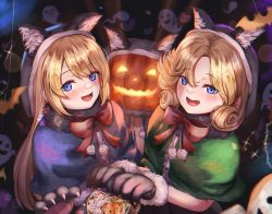 Rule 34 | 2girls, animal ears, animal hands, blonde hair, blue capelet, blue hair, blush, buttons, capelet, gloves, green capelet, grey gloves, halloween, halloween costume, highres, jack-o&#039;-lantern, janus (kancolle), jervis (kancolle), kantai collection, long hair, multiple girls, one eye closed, open mouth, paw gloves, sabakuomoto, short hair, smile, wolf ears, wolf paws