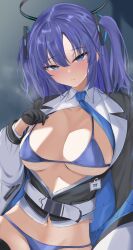 Rule 34 | 1girl, belt, bikini, bikini under clothes, black coat, black gloves, black halo, blue archive, blue bikini, blue eyes, blue hair, breasts, closed mouth, coat, collared shirt, commentary request, everchix, gloves, halo, hand up, highres, jacket, large breasts, long sleeves, looking at viewer, navel, off shoulder, open clothes, open jacket, parted bangs, puffy long sleeves, puffy sleeves, shirt, solo, steaming body, stomach, swimsuit, triangle hair ornament, two side up, upper body, white belt, white jacket, white shirt, yuuka (blue archive)