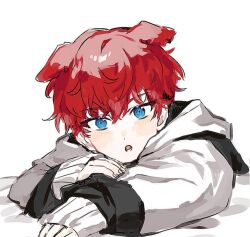Rule 34 | 1boy, :o, amagi hiiro, animal ears, aqua eyes, commentary request, dog ears, ensemble stars!, fingernails, hood, hood down, korean commentary, long sleeves, looking at viewer, lower teeth only, male focus, nong 345, open mouth, red hair, short hair, sleeves past wrists, solo, teeth, upper body, white background