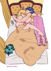 Rule 34 | 3boys, aftersex, bed, bed sheet, bedroom, black nails, blonde hair, can, clenched teeth, closed eyes, couple, dio brando, earrings, english text, family, father and son, giorno giovanna, highres, honlo, indoors, jewelry, jojo no kimyou na bouken, jonathan joestar, male focus, multiple boys, muscular, muscular male, nail polish, on bed, sleeping, stuffed toy, teeth, toenail polish, toenails, yaoi, zzz