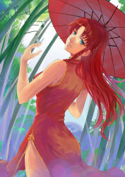Rule 34 | 1girl, bare shoulders, blue eyes, braid, bug, butterfly, chinese clothes, female focus, highres, hong meiling, bug, kumo ryuun, long hair, looking back, oil-paper umbrella, red hair, solo, touhou, twin braids, umbrella