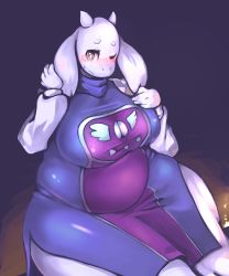 Rule 34 | 1girl, artist request, blush, breasts, brown eyes, female focus, furry, furry female, gradient background, highres, one eye closed, solo, tobyfox, toriel, undertale
