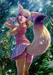 Rule 34 | 10s, 1girl, absurdres, animal ears, ass, blonde hair, day, extra ears, fennec (kemono friends), forest, fox ears, fox tail, fur trim, gloves, highres, kemono friends, miniskirt, nature, no panties, outdoors, pleated skirt, realistic, red eyes, short sleeves, skirt, solo, tail, takami masahiro, thighhighs, water drop, white gloves, white skirt, yellow neckwear, yellow thighhighs
