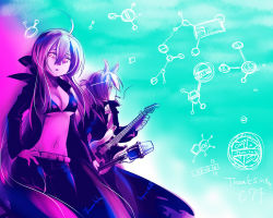 Rule 34 | 1boy, 1girl, ahoge, belt, bikini, breasts, caffein, chemical structure, chemistry, cigarette, cleavage, guitar, honne dell, instrument, large breasts, microphone, ribbon, science, smoking, swimsuit, vocaloid, wallpaper, yowane haku