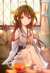 Rule 34 | 10s, 1girl, ahoge, bare shoulders, blush, brown hair, chair, cup, detached sleeves, hair ornament, hairband, japanese clothes, kantai collection, kongou (kancolle), crossed legs, light rays, long hair, looking at viewer, personification, sitting, smile, solo, sunbeam, sunlight, teacup, teapot, window, yadapot
