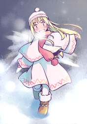 Rule 34 | 1girl, beanie, blonde hair, blue eyes, blush, boots, breath, brown footwear, capelet, dress, fairy, fairy wings, full body, fur-trimmed boots, fur trim, hat, headband, lily white, long hair, long sleeves, open mouth, pantyhose, pom pom (clothes), rangycrow, red scarf, scarf, smile, solo, touhou, white capelet, white dress, white headband, white pantyhose, wings