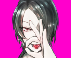 Rule 34 | 10s, 1boy, earrings, fangs, fellatio gesture, hair over one eye, kashuu kiyomitsu, looking at viewer, male focus, nail polish, personification, pink background, red eyes, sexually suggestive, simple background, smile, solo, tongue, touken ranbu, tsurime