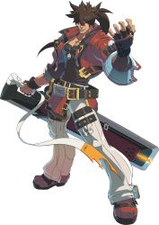 Rule 34 | 1boy, absurdres, belt, black gloves, brown hair, collarbone, elbow gloves, fingerless gloves, full body, gloves, grin, guilty gear, guilty gear strive, headband, highres, holding, holding sword, holding weapon, legs apart, long hair, looking at viewer, male focus, messy hair, muscular, official art, pants, ponytail, red footwear, reverse grip, shoes, simple background, smile, sol badguy, solo, sword, weapon, white background, white pants, yellow eyes