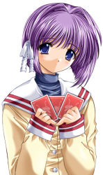 Rule 34 | 00s, 1girl, card, clannad, fujibayashi ryou, holding, holding card, nishimata aoi, school uniform, serafuku, solo