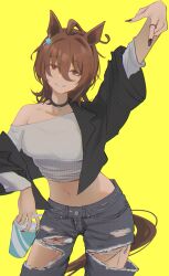 Rule 34 | 1girl, absurdres, agnes tachyon (umamusume), ahoge, animal ears, arm up, black choker, black jacket, black nails, breasts, chemical structure, choker, collarbone, crop top, cup, denim, disposable cup, drink, drinking straw, earrings, grey pants, hair between eyes, highres, holding, holding drink, horse ears, horse girl, huge ahoge, jacket, jeans, jewelry, large breasts, medium hair, nail polish, navel, no bra, off shoulder, open clothes, open jacket, pants, ring, sei (bigaa), shirt, short hair, simple background, single earring, solo, sunglasses, torn clothes, torn jeans, torn pants, umamusume, white shirt, wolf cut, yellow background