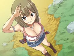 Rule 34 | 1girl, bare arms, belt, boots, breasts, brown eyes, brown hair, cleavage, dual wielding, elie, female focus, holding, jewelry, large breasts, looking at viewer, mashima hiro, microskirt, necklace, official art, rave, skirt, smile, solo, tank top, tonfa, weapon