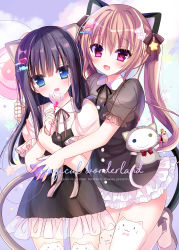 Rule 34 | 2girls, :d, absurdres, animal ears, black dress, black hair, blue eyes, bow, brown bow, brown hair, cat ears, cat girl, cat tail, collared shirt, commentary request, cover, cover page, dress, fang, frilled dress, frills, hair bow, highres, hug, hug from behind, multiple girls, open mouth, original, puffy short sleeves, puffy sleeves, purple eyes, see-through, see-through sleeves, shirt, shiwasu horio, short sleeves, smile, star (symbol), tail, twintails, white shirt