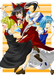 Rule 34 | 3girls, ahoge, anger vein, arm up, armpits, ascot, black hair, blonde hair, blue hair, bow, calligraphy brush, cirno, clenched hand, clenched hands, detached sleeves, dress, dress shirt, closed eyes, fang, grin, hair bow, hair ribbon, hair tubes, hakurei reimu, highres, long sleeves, midriff, multiple girls, navel, open mouth, outstretched arm, paintbrush, ponytail, ribbon, rumia, running, shinzaki kai, shirt, short hair, short sleeves, skirt, skirt set, smile, striped, striped background, touhou, wings, yellow eyes