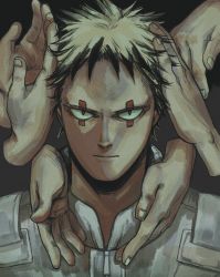 Rule 34 | 1boy, black eyes, black hair, blonde hair, colored tips, commentary, disembodied hand, dorohedoro, english commentary, facial mark, fingernails, florbetriz, hand in own hair, highres, looking at viewer, male focus, multicolored hair, portrait, risu (dorohedoro), sanpaku, short hair, straight-on, two-tone hair