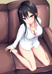 Rule 34 | 1girl, black hair, blush, breasts, brown eyes, cleavage, closed mouth, collarbone, commentary request, couch, dress shirt, head tilt, indoors, kurokami (kurokaminohito), kurono mika, legs, light blush, long hair, long sleeves, looking at viewer, medium breasts, no pants, on couch, original, panties, shirt, sitting, smile, solo, unbuttoned, unbuttoned shirt, underwear, white panties, white shirt