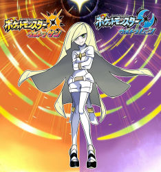 Rule 34 | 1girl, adapted costume, blonde hair, blunt bangs, closed mouth, commentary, copyright name, creatures (company), english commentary, floating hair, full body, game freak, green eyes, high heels, highres, knees, leggings, long hair, looking down, lusamine (pokemon), multicolored hair, nintendo, overalls, pigeon-toed, pokemon, pokemon usum, rjamez-the-v, smile, solo, standing, straitjacket, streaked hair, turtleneck, very long hair, watermark, white leggings, white overalls
