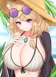 Rule 34 | 1girl, animal ear fluff, animal ears, aqua nails, arknights, bikini, black jacket, breasts, closed mouth, commentary, eyewear on head, fang, front-tie top, grey bikini, hand on own chest, hat, highres, huge breasts, jacket, jewelry, light brown hair, long hair, looking at viewer, nail polish, necklace, off shoulder, official alternate costume, open clothes, open jacket, outdoors, purple-tinted eyewear, purple eyes, risshu, round eyewear, simple background, skin fang, smile, solo, straw hat, striped bikini, striped clothes, sunglasses, swimsuit, swimsuit cover-up, tinted eyewear, upper body, utage (arknights), utage (summer flowers) (arknights)