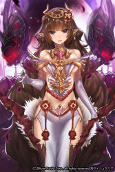 Rule 34 | 1girl, age of ishtaria, bare shoulders, black thighhighs, breasts, brown hair, cleavage, company name, copyright notice, earrings, elbow gloves, female focus, fishnet thighhighs, fishnets, gloves, jahi (ishtaria), jewelry, large breasts, long hair, looking at viewer, midriff, official art, open mouth, original, pelvic curtain, pointy ears, purple eyes, revealing clothes, shirt, skirt, smile, solo, thighhighs, toki no ishutaria, underboob, very long hair, wavy hair, white gloves, yaman (yamanta lov)