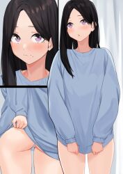 Rule 34 | 1girl, :3, anti (0324), ass, averting eyes, black hair, blush, clothes lift, long hair, looking at viewer, multiple views, open mouth, original, panties, presenting, smile, solo, standing, sweater, sweater lift, underwear, white panties