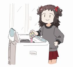 Rule 34 | 1girl, artist self-insert, bow, brown hair, closed mouth, commentary request, cropped legs, grey shirt, hair bow, hand on own hip, long sleeves, original, pleated skirt, pouring, puffy long sleeves, puffy sleeves, red bow, red skirt, shirt, skirt, smile, solo, standing, top-load washing machine, translation request, two side up, washing machine, white background, yukie (kusaka shi), | |