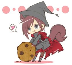 Rule 34 | 1girl, animal ears, blush, boots, chibi, cookie, food, gothic lolita, hat, lolita fashion, ruby rose, rwby, short hair, squirrel ears, squirrel tail, tail, witch hat