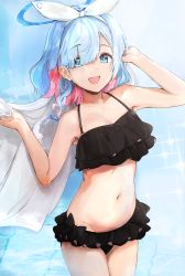 Rule 34 | 1girl, absurdres, aqua eyes, aqua hair, arona (blue archive), bikini, black bikini, blue archive, blush, bow hairband, braid, breasts, frilled bikini, frills, gokineko (roachcat), hairband, halo, highres, holding, looking at viewer, official alternate costume, open mouth, pink hair, short hair, side braid, solo, sparkle, swimsuit, water, white hairband