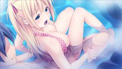 Rule 34 | 1boy, 1girl, bikini, blonde hair, blue eyes, blush, breasts, clothed sex, game cg, hair ribbon, hetero, highres, kagurazaka namine, koutaro, long hair, nipples, open clothes, open mouth, partially submerged, puffy nipples, ribbon, saliva, sex, sitting, straddling, swimsuit, tropical vacation, twinkle soft, water