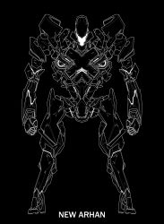Rule 34 | absurdres, black background, character name, clenched hands, greyscale, highres, lineart, mecha, monochrome, negative, new arhan, no humans, rakuen tsuihou, robot, science fiction, simple background, solo, standing, visor, yuu (yuu2525design)