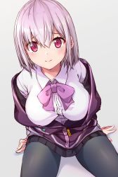 Rule 34 | 10s, 1girl, absurdres, arm support, arms at sides, black pantyhose, black skirt, bow, breasts, closed mouth, collared shirt, commentary request, cowboy shot, from above, gridman universe, highres, jacket, large breasts, light purple hair, long sleeves, looking at viewer, miniskirt, off shoulder, pantyhose, pink neckwear, pleated skirt, purple jacket, red eyes, samoore, school uniform, shinjou akane, shiny clothes, shirt, short hair, simple background, sitting, skirt, smile, solo, ssss.gridman, white shirt