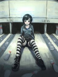 Rule 34 | 1girl, absurdres, black eyes, black footwear, black hair, black shorts, boots, bowling alley, bowling pin, closed mouth, grey hoodie, highres, hood, hoodie, okura lino, on floor, original, scenery, shorts, smile, solo, striped clothes, striped thighhighs, thighhighs