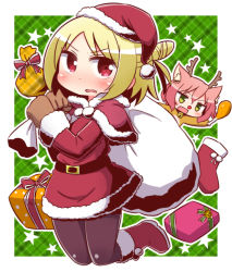 Rule 34 | 2girls, 7th dragon, 7th dragon (series), :d, animal costume, animal ear fluff, animal ears, antlers, bell, belt, belt buckle, black belt, blonde hair, blush, boots, box, brown gloves, brown legwear, buckle, capelet, cat ears, chibi, chicken leg, christmas, christmas stocking, commentary request, dress, drumsticks, emel (7th dragon), fang, fighter (7th dragon), food, fur-trimmed boots, fur-trimmed capelet, fur-trimmed dress, fur-trimmed sleeves, fur trim, gift, gift box, gloves, green background, green eyes, hair between eyes, hands up, harukara (7th dragon), holding, holding food, holding sack, horns, jingle bell, kneebar, long sleeves, multiple girls, naga u, one side up, open mouth, pantyhose, parted bangs, parted lips, plaid, plaid background, polka dot, pom pom (clothes), red capelet, red dress, red eyes, red footwear, red nose, reindeer antlers, reindeer costume, sack, smile, solo focus, star (symbol), two-tone background, v-shaped eyebrows, wavy mouth, white background
