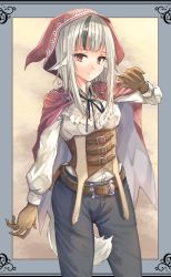 Rule 34 | 1girl, belt, belt buckle, black ribbon, brown belt, brown gloves, buckle, cape, closed mouth, dress shirt, fang, fang out, fire emblem, fire emblem fates, framed, fuussu (21-kazin), gloves, grey pants, hood, hood up, hooded, long hair, looking at viewer, multicolored hair, neck ribbon, nintendo, pants, red cape, red eyes, ribbon, shirt, silver hair, solo, standing, streaked hair, underbust, velouria (fire emblem), white shirt