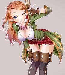 Rule 34 | 10s, 1girl, blue eyes, boots, breasts, brown gloves, carren (granblue fantasy), g pon (gachapon), gloves, granblue fantasy, grey background, hanging breasts, karen (granblue fantasy), large breasts, leaning forward, light brown hair, long hair, one eye closed, simple background, skirt, smile, solo, thigh boots, thighhighs, v over eye
