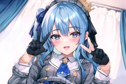 Rule 34 | absurdres, black gloves, blue eyes, blue hair, fingerless gloves, gloves, highres, hololive, hoshimachi suisei, long sleeves, looking at viewer, open mouth, smile, sugiki, virtual youtuber